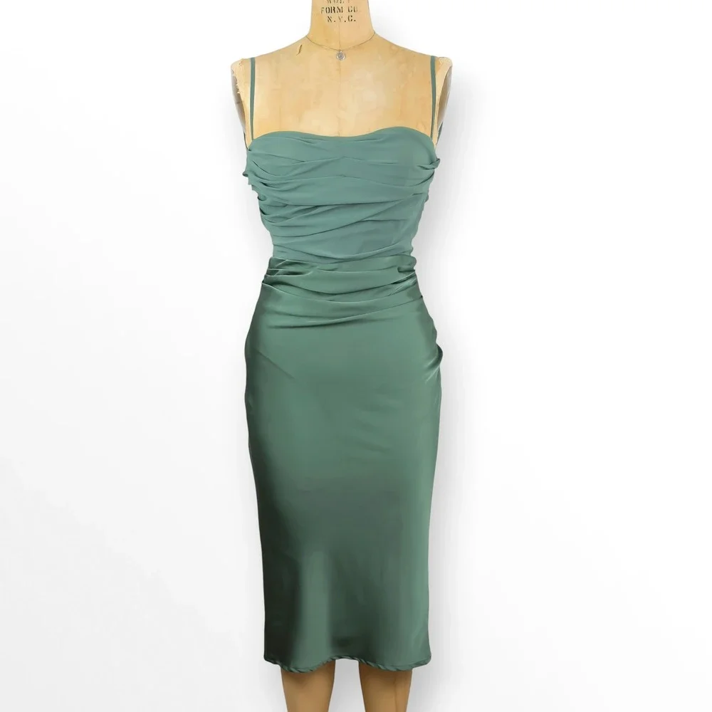 sage green ruched midi dress Sage Green Ruched-Waist T-Shirt Midi Dress XS / Sage Green / 46% Viscose 39.8% Cotton 14.2% Spandex main image 1